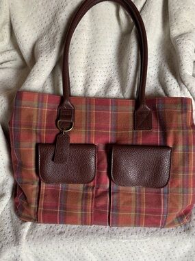 Longaberger Red and Brown Plaid Tote with Front Pockets